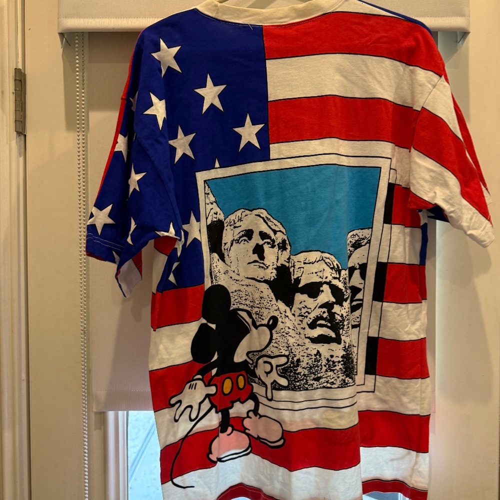 Rare VTG Mickey Mouse Mount Rushmore USA Flag Star Stripes All Over T Shirt 90s